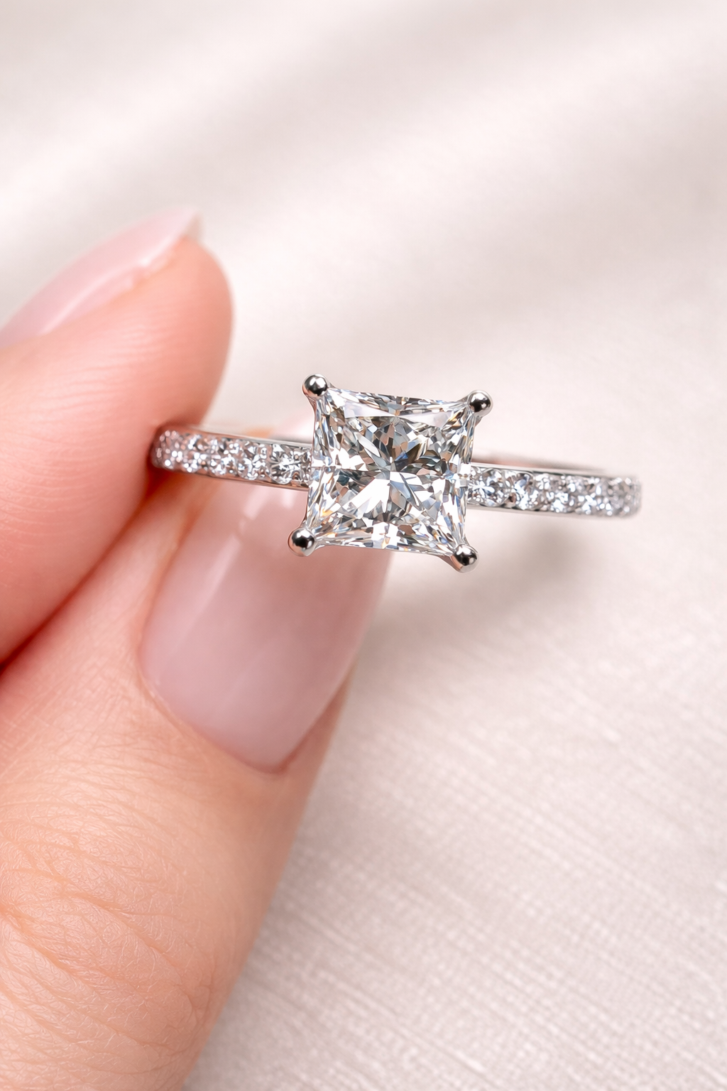 luxury moissanite ring on hand neutral manicure close up