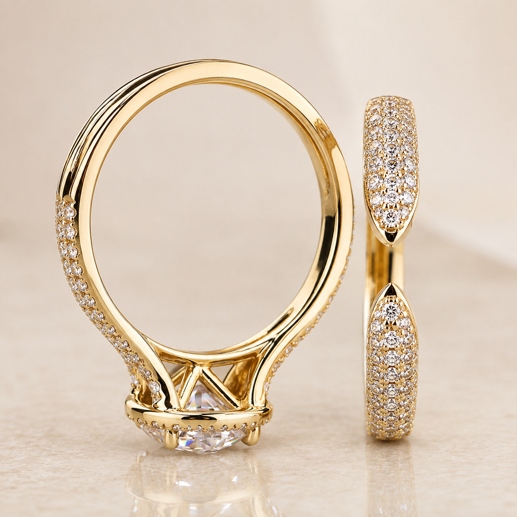 Halo Moissanite Ring Set 1CT –  Gold Plated Silver Pavé Band | SEÓRA