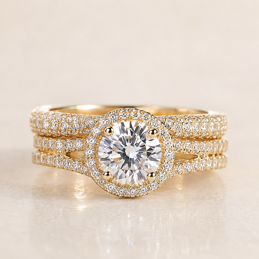 Halo Moissanite Ring Set 1CT –  Gold Plated Silver Pavé Band | SEÓRA