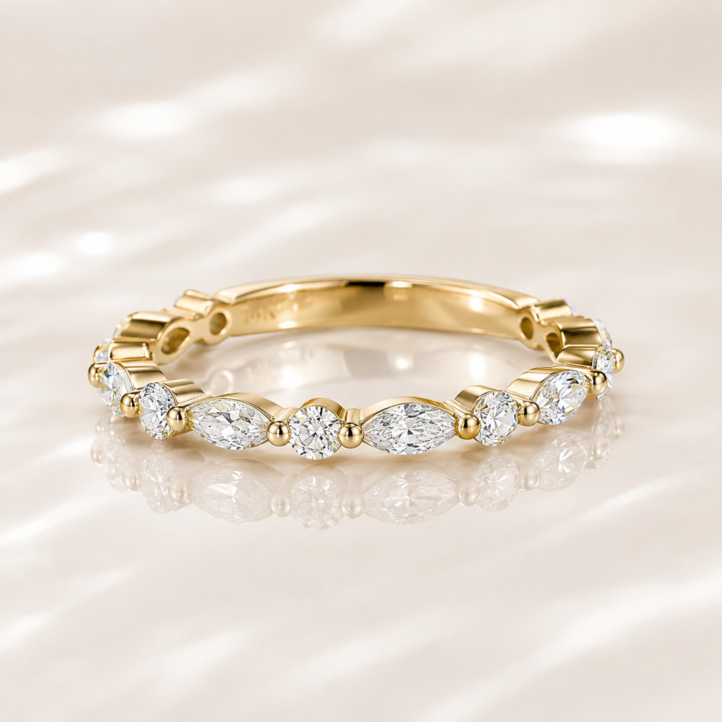 Marquise Moissanite Half Eternity Ring in Solid Gold | Stackable Wedding Band |  SEORA