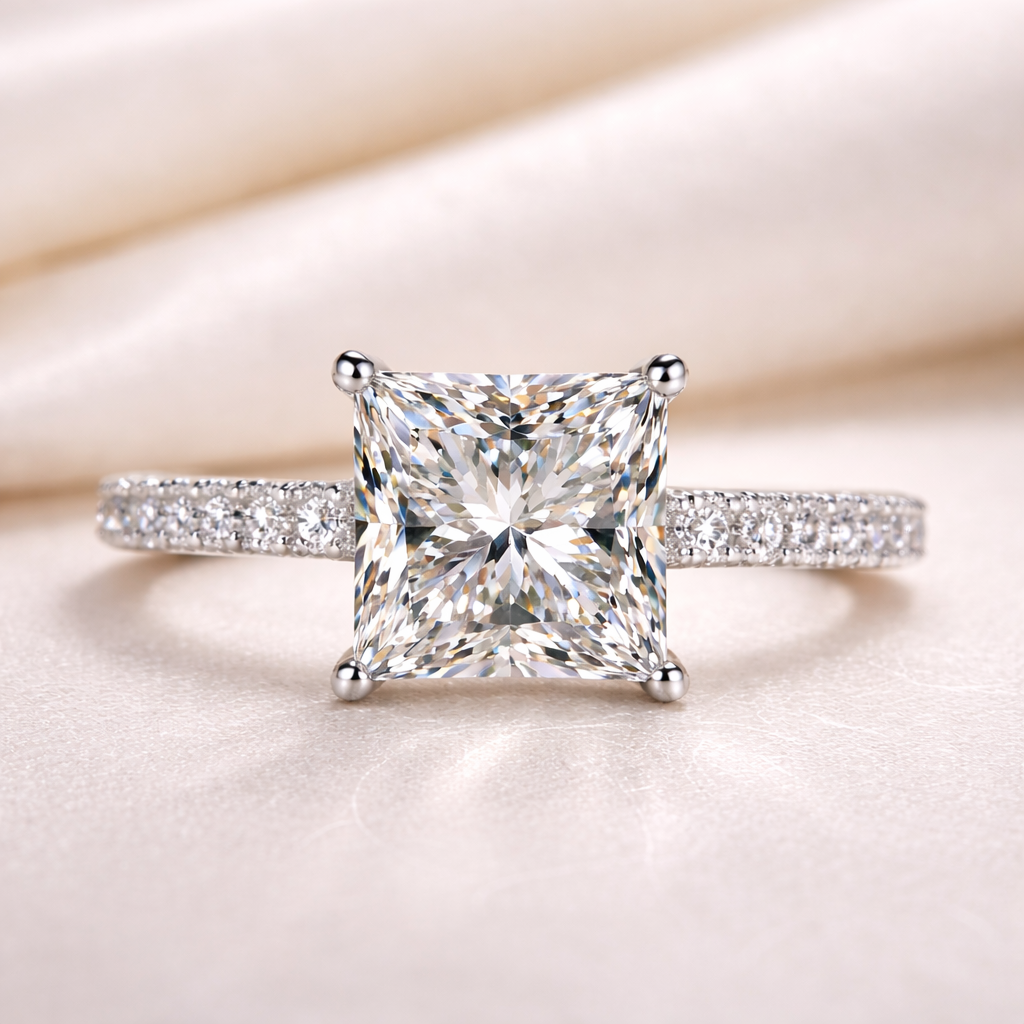 princess cut moissanite ring close up luxury ivory background