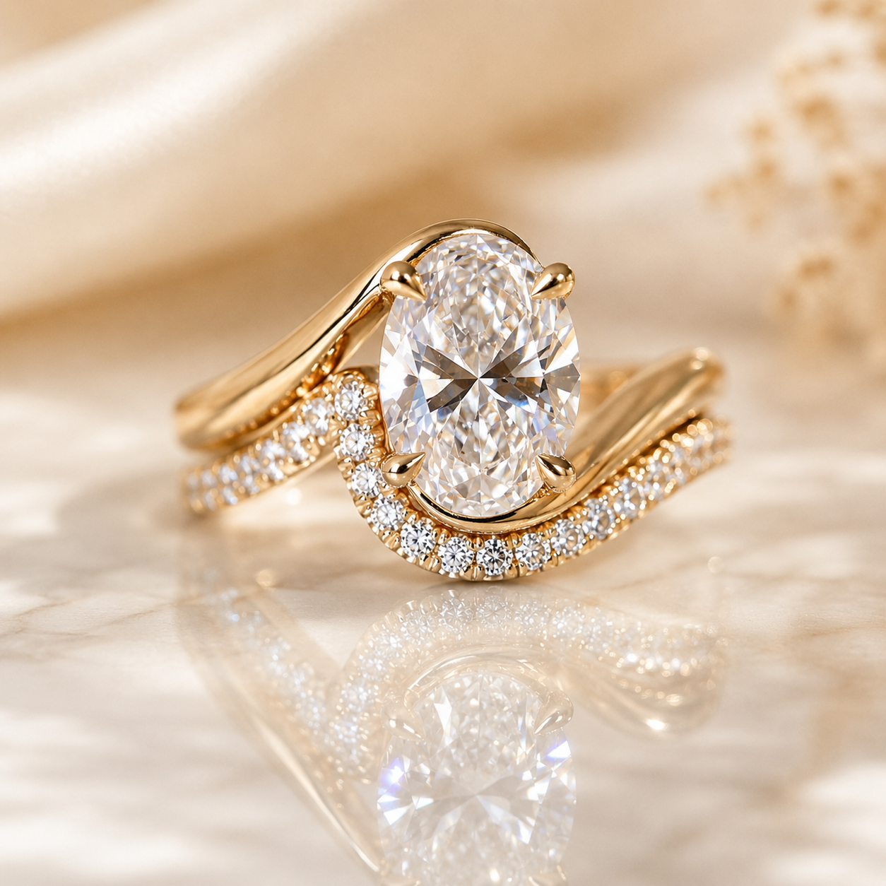 Oval Moissanite Wave Bridal Set – 2 CT 14K Gold | SEÓRA
