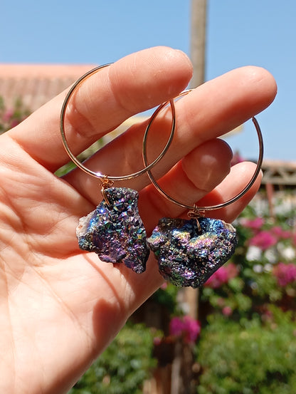 Druzy crystal quartz Hoop Earrings, handmade circle dangle earrings, protection healing, gorgeous elegant dainty charm earrings, gemstone