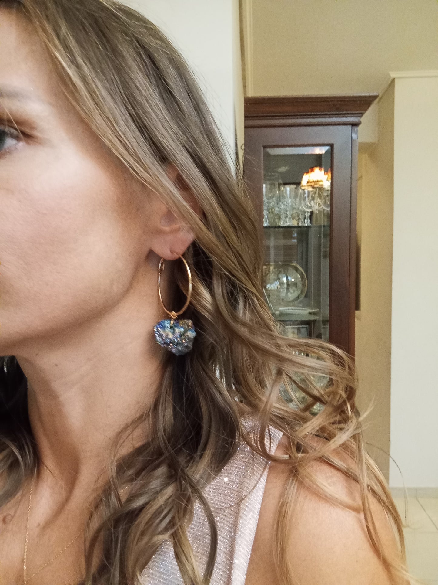 Druzy crystal quartz Hoop Earrings, handmade circle dangle earrings, protection healing, gorgeous elegant dainty charm earrings, gemstone