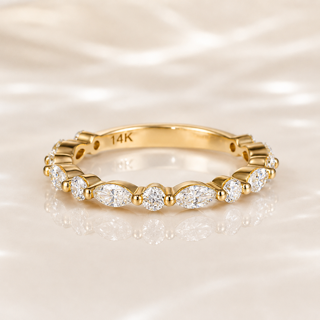 Marquise Moissanite Half Eternity Ring in Solid Gold | Stackable Wedding Band |  SEORA