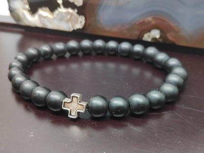 Onyx Beaded Stretch Bracelet Men Hematite Cross Bracelet, Frosted Matte Black Onyx Beads,  Christian believer prayer,Religious Gift For Him