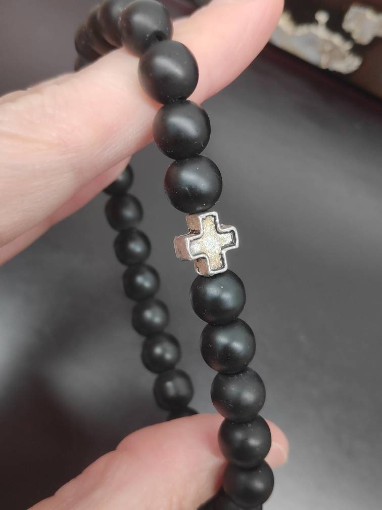 Onyx Beaded Stretch Bracelet Men Hematite Cross Bracelet, Frosted Matte Black Onyx Beads,  Christian believer prayer,Religious Gift For Him