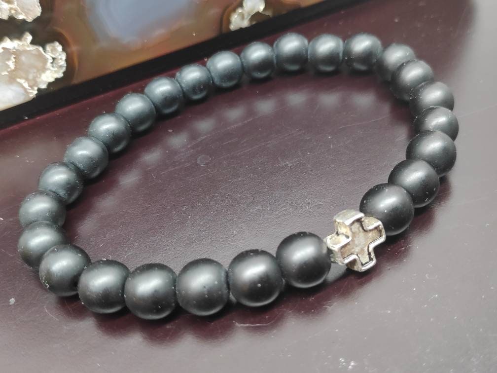 Onyx Beaded Stretch Bracelet Men Hematite Cross Bracelet, Frosted Matte Black Onyx Beads,  Christian believer prayer,Religious Gift For Him