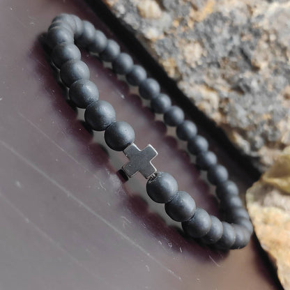 Onyx Beaded Stretch Bracelet Men Hematite Cross Bracelet, Frosted Matte Black Onyx Beads,  Christian believer prayer,Religious Gift For Him