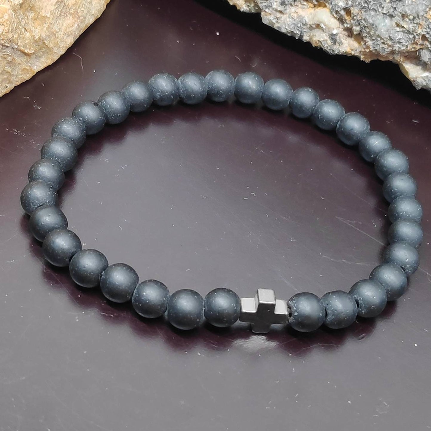 Onyx Beaded Stretch Bracelet Men Hematite Cross Bracelet, Frosted Matte Black Onyx Beads,  Christian believer prayer,Religious Gift For Him