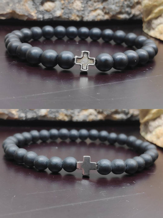 Onyx Beaded Stretch Bracelet Men Hematite Cross Bracelet, Frosted Matte Black Onyx Beads,  Christian believer prayer,Religious Gift For Him