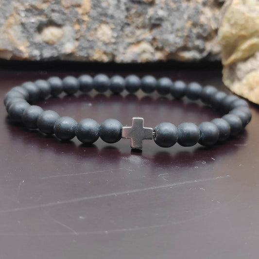 Onyx Beaded Stretch Bracelet Men Hematite Cross Bracelet, Frosted Matte Black Onyx Beads,  Christian believer prayer,Religious Gift For Him