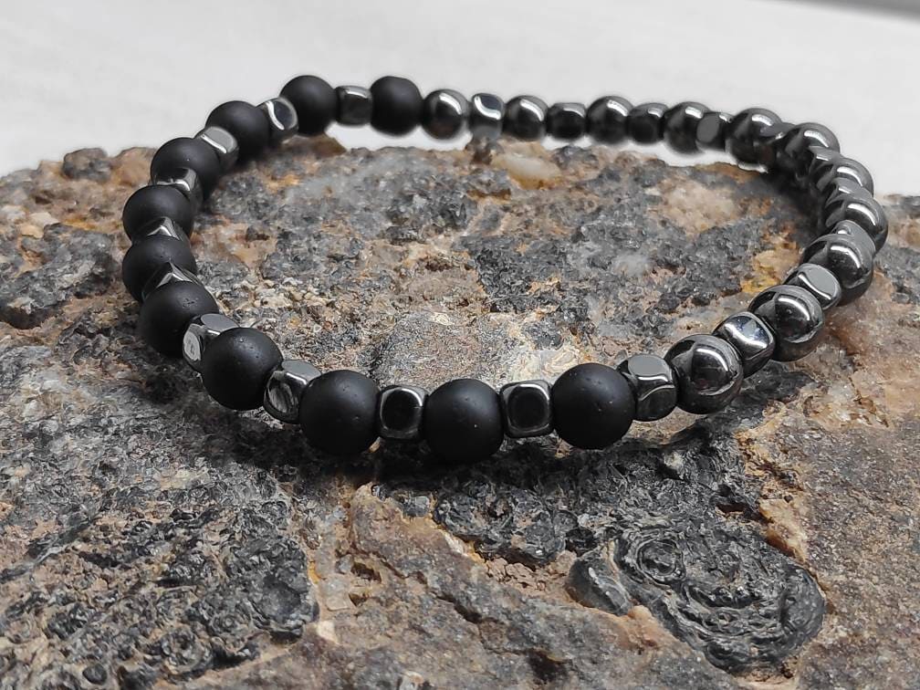 Hematite Cubes, Black Onyx Beaded Bracelet Men, Gemstone Stretch Bracelet, Healing Protection Grounding