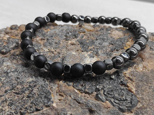 Hematite Cubes, Black Onyx Beaded Bracelet Men, Gemstone Stretch Bracelet, Healing Protection Grounding