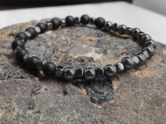 Hematite Cubes, Black Onyx Beaded Bracelet Men, Gemstone Stretch Bracelet, Healing Protection Grounding