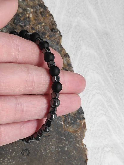 Hematite Cubes, Black Onyx Beaded Bracelet Men, Gemstone Stretch Bracelet, Healing Protection Grounding