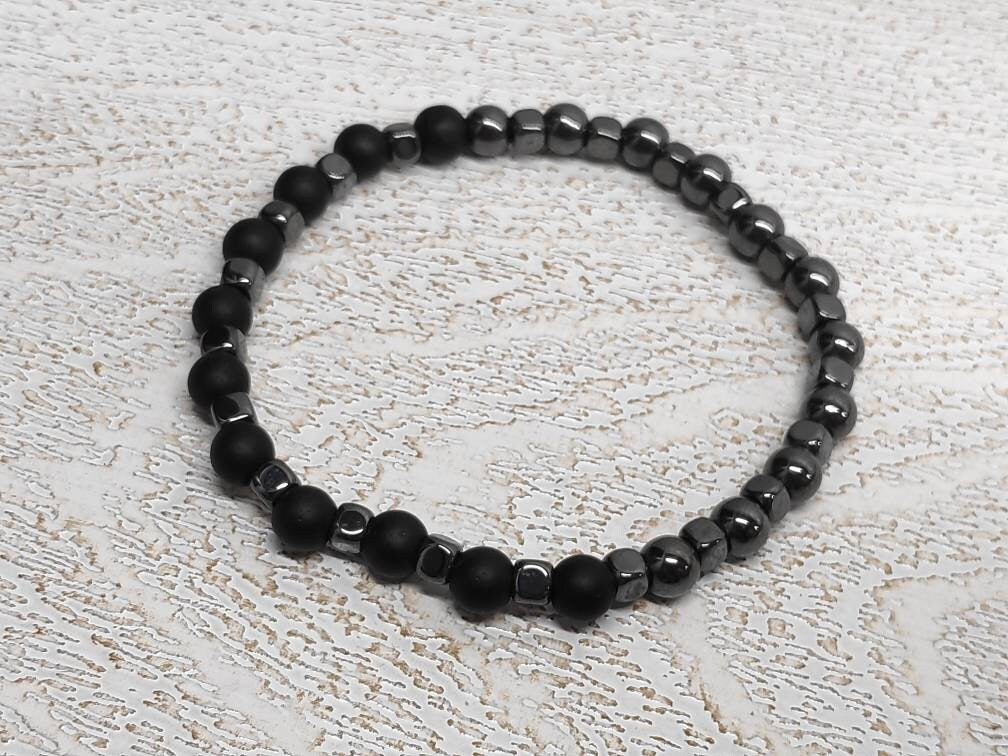 Hematite Cubes, Black Onyx Beaded Bracelet Men, Gemstone Stretch Bracelet, Healing Protection Grounding