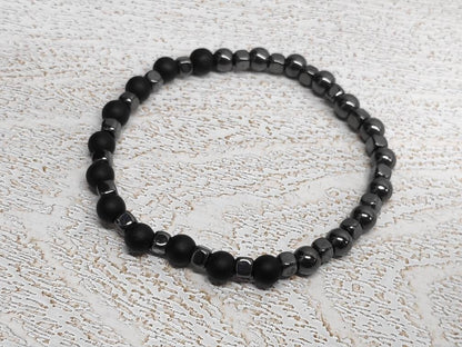 Hematite Cubes, Black Onyx Beaded Bracelet Men, Gemstone Stretch Bracelet, Healing Protection Grounding