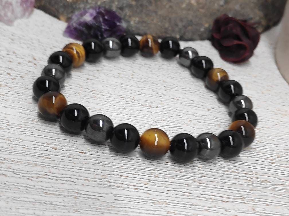 Hematite, Black Obsidian, Tiger Eye Beaded Bracelet, Triple Protection Stretch Bracelet, Gemstone Bracelet,Energy Healing Gift For Boyfriend