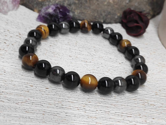 Hematite, Black Obsidian, Tiger Eye Beaded Bracelet, Triple Protection Stretch Bracelet, Gemstone Bracelet,Energy Healing Gift For Boyfriend