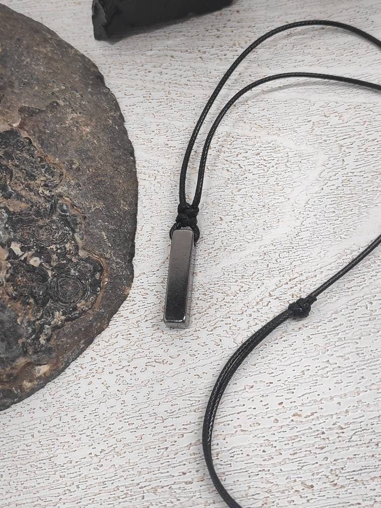 Gunmetal Bar Pendant Necklace – Stainless Steel, Adjustable Cord