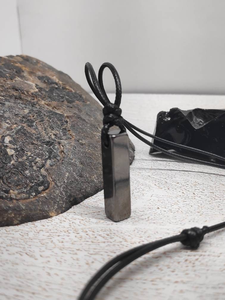 Gunmetal Bar Pendant Necklace – Stainless Steel, Adjustable Cord