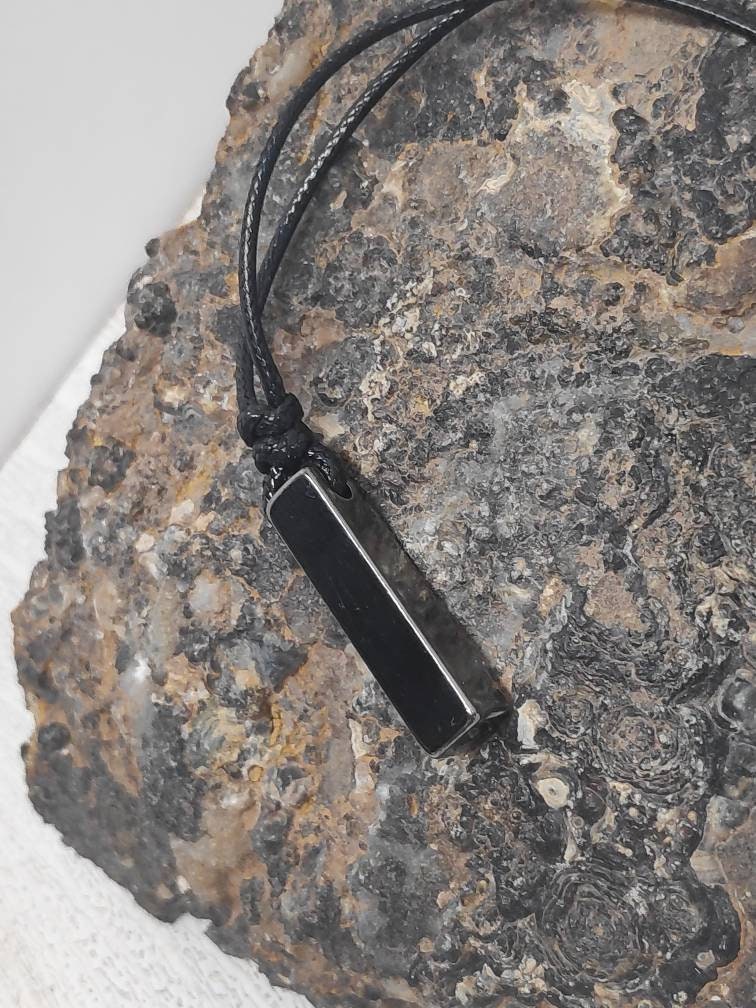 Gunmetal Bar Pendant Necklace – Stainless Steel, Adjustable Cord