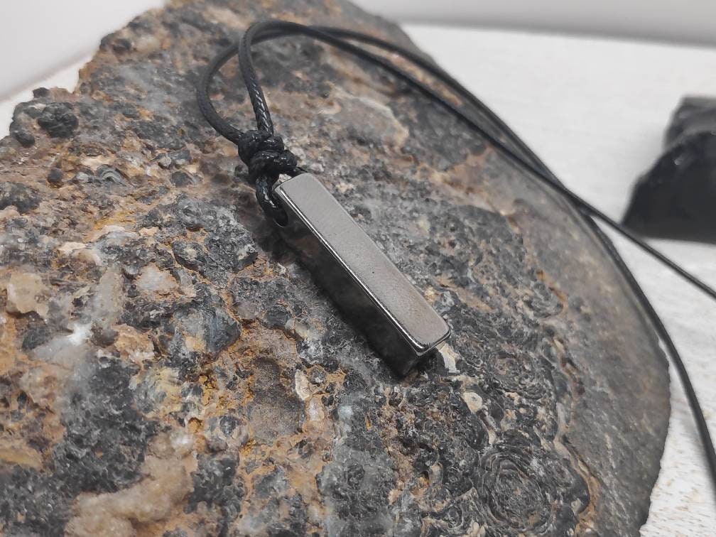 Gunmetal Bar Pendant Necklace – Stainless Steel, Adjustable Cord