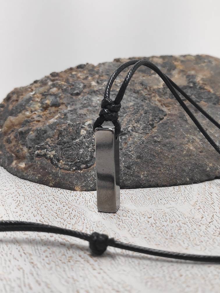Gunmetal Bar Pendant Necklace – Stainless Steel, Adjustable Cord