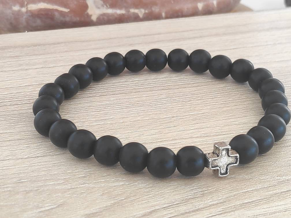 Onyx Beaded Stretch Bracelet Men Hematite Cross Bracelet, Frosted Matte Black Onyx Beads,  Christian believer prayer,Religious Gift For Him