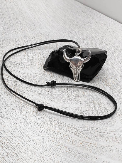 Bull Head Pendant Necklace for Men, Bull Skull Stainless Steel Pendant Men, Adjustable Black Cord Necklace, Western Pendant Necklace