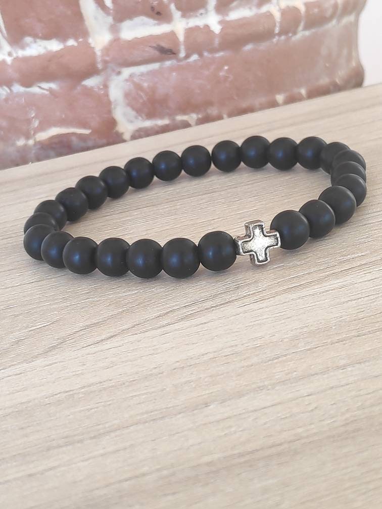Onyx Beaded Stretch Bracelet Men Hematite Cross Bracelet, Frosted Matte Black Onyx Beads,  Christian believer prayer,Religious Gift For Him