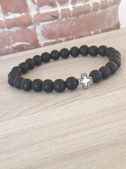 Onyx Beaded Stretch Bracelet Men Hematite Cross Bracelet, Frosted Matte Black Onyx Beads,  Christian believer prayer,Religious Gift For Him
