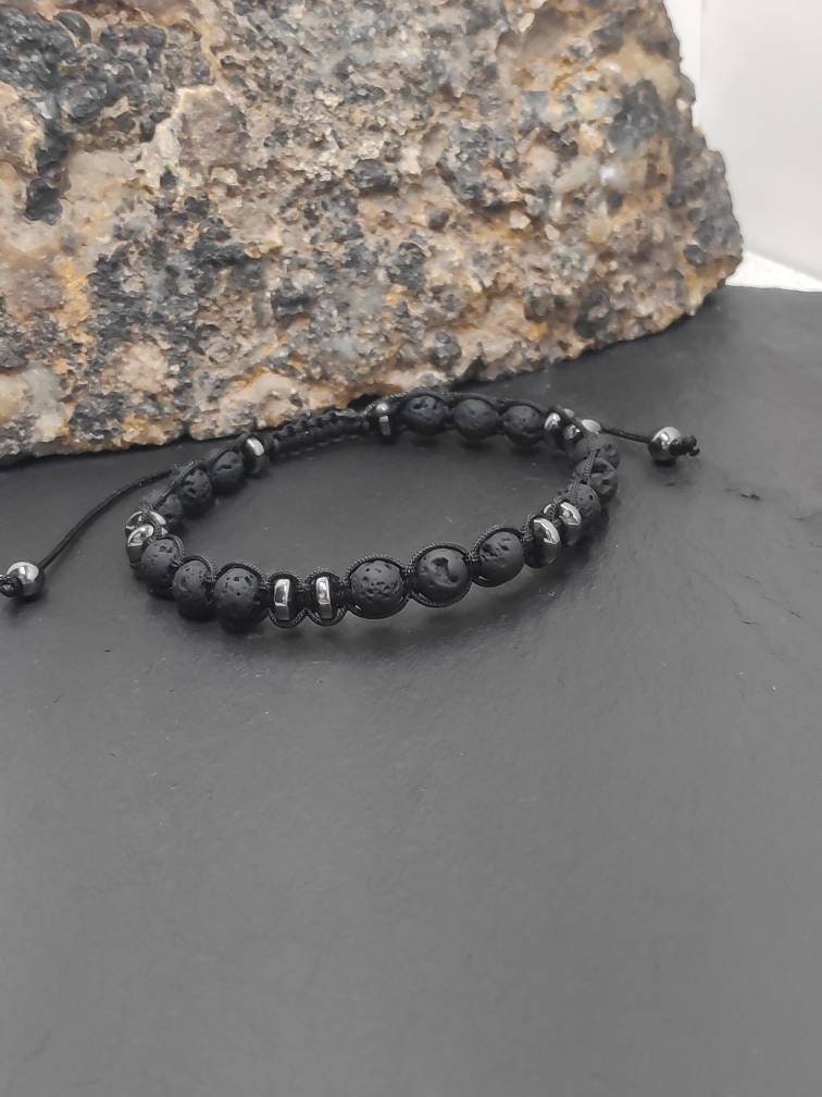 Lava Hematite beads bracelet, Black Beads Bracelet, Macrame Adjustable Beaded Bracelet Natural Gemstone,Handmade protection grounding