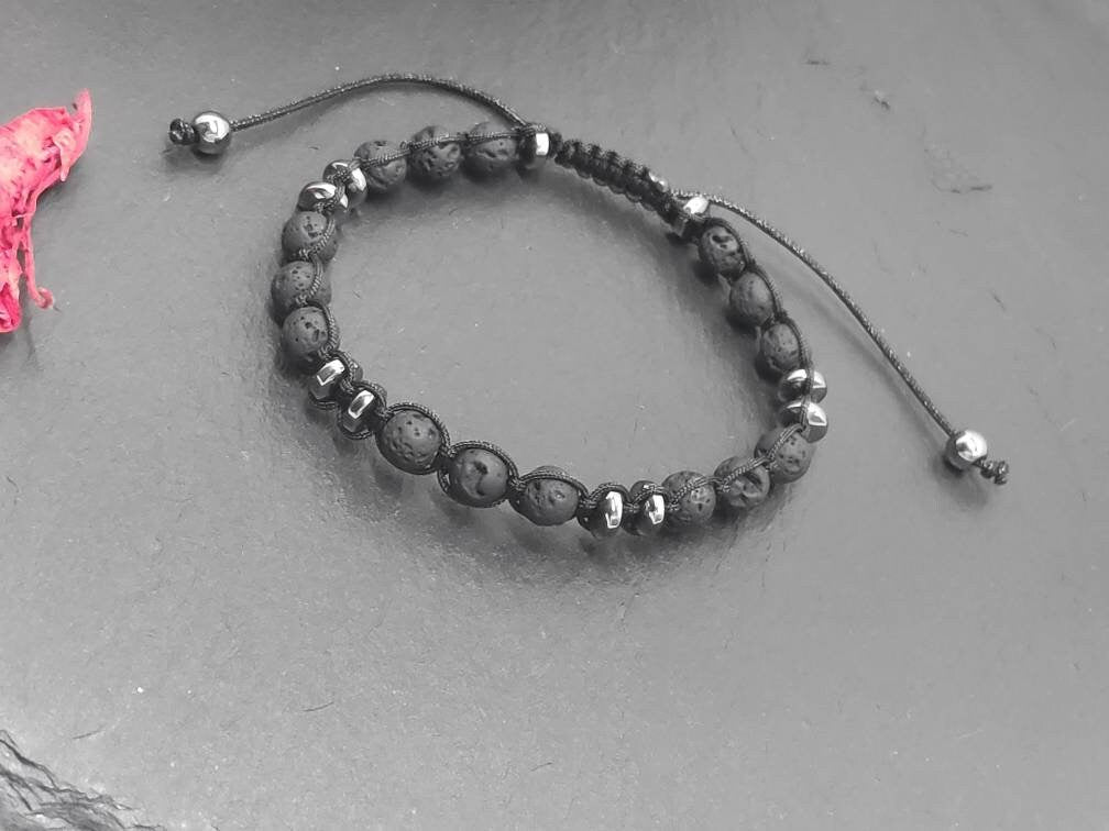 Lava Hematite beads bracelet, Black Beads Bracelet, Macrame Adjustable Beaded Bracelet Natural Gemstone,Handmade protection grounding