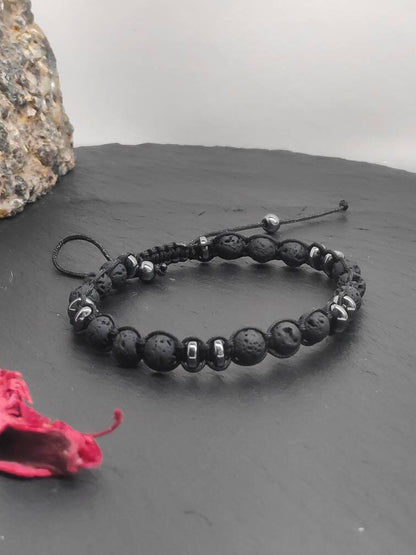 Lava Hematite beads bracelet, Black Beads Bracelet, Macrame Adjustable Beaded Bracelet Natural Gemstone,Handmade protection grounding