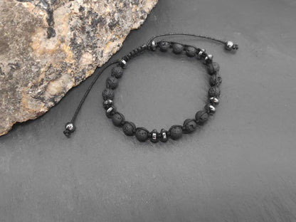 Lava Hematite beads bracelet, Black Beads Bracelet, Macrame Adjustable Beaded Bracelet Natural Gemstone,Handmade protection grounding