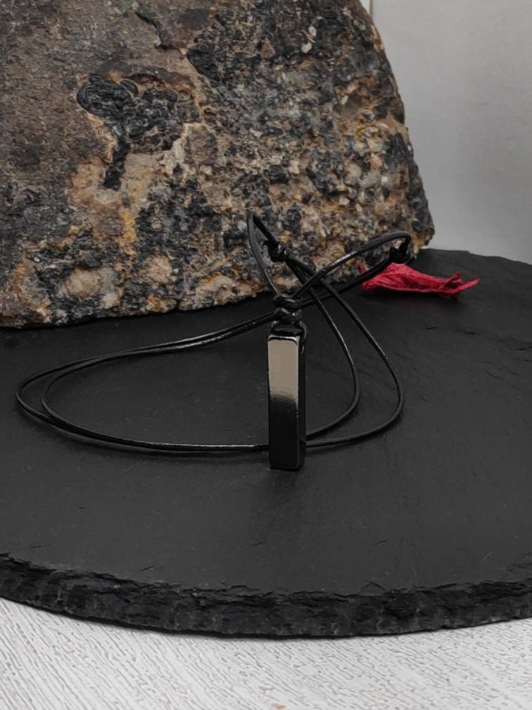 Gunmetal Bar Pendant Necklace – Stainless Steel, Adjustable Cord