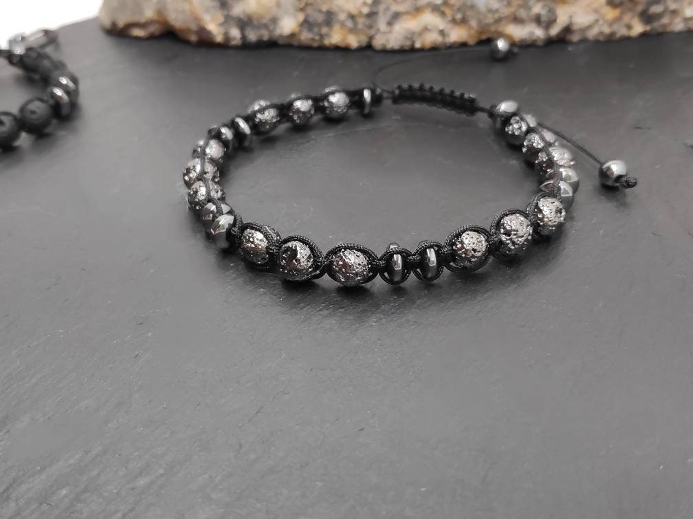 Lava Hematite beads bracelet, Black Beads Bracelet, Macrame Adjustable Beaded Bracelet Natural Gemstone,Handmade protection grounding