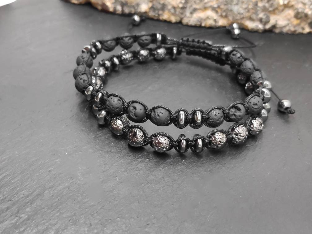 Lava Hematite beads bracelet, Black Beads Bracelet, Macrame Adjustable Beaded Bracelet Natural Gemstone,Handmade protection grounding