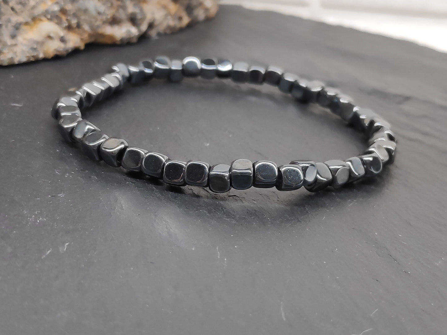 Hematite Cubes, Tiger eye beaded Stretch Bracelet Men, Natural Gemstone Balancing Energy Grounding Healing Protection Bracelet