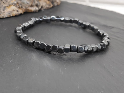 Hematite Cubes, Tiger eye beaded Stretch Bracelet Men, Natural Gemstone Balancing Energy Grounding Healing Protection Bracelet