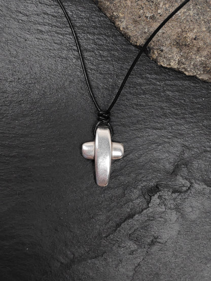 Cross Pendant Necklace, Stainless steel Cross Charms Necklace, Mens Pendant, Adjustable Leather Black Cord Necklace, Gift for him, Religious