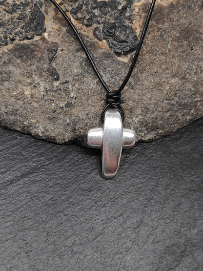 Cross Pendant Necklace, Stainless steel Cross Charms Necklace, Mens Pendant, Adjustable Leather Black Cord Necklace, Gift for him, Religious