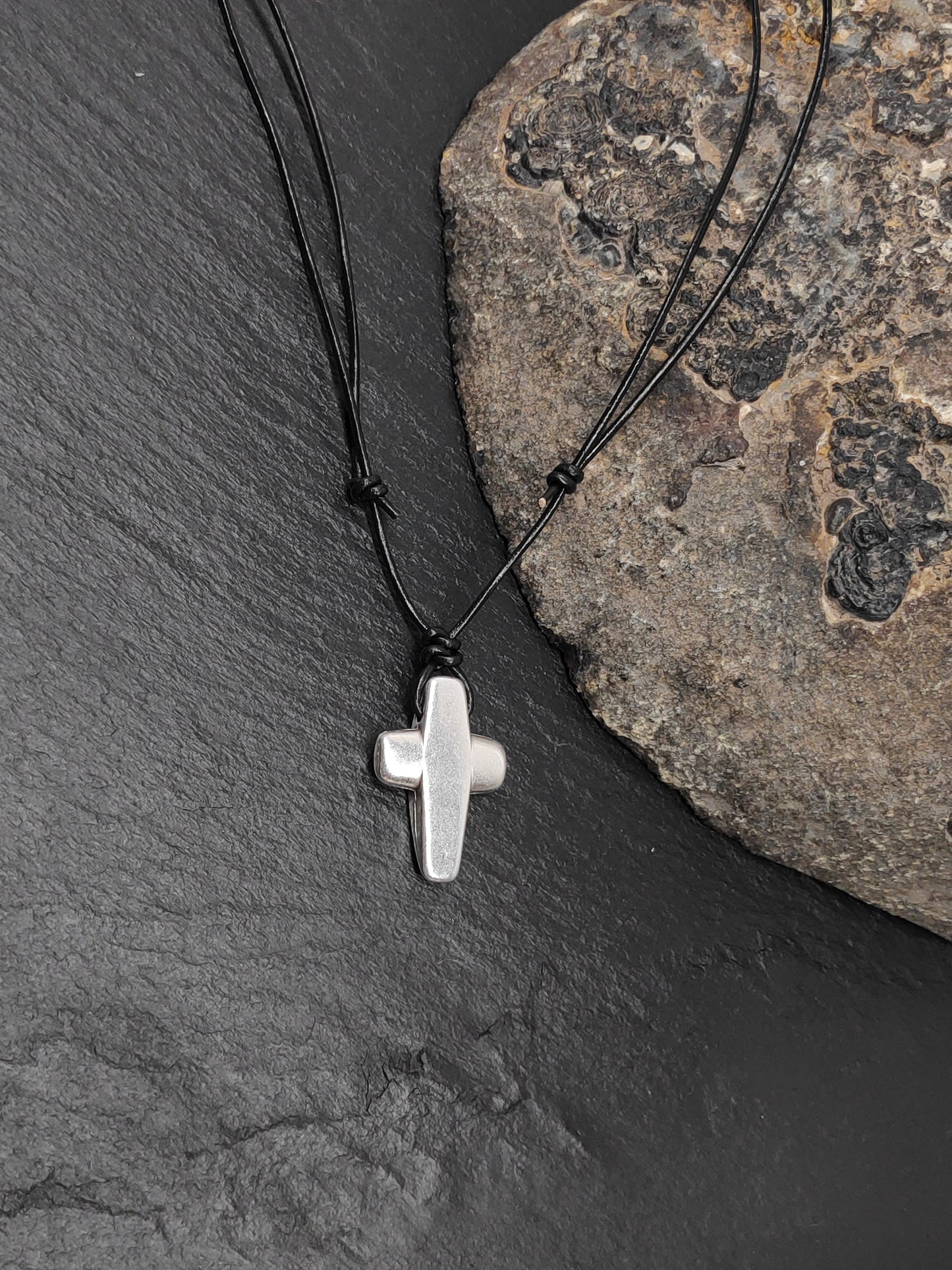 Cross Pendant Necklace, Stainless steel Cross Charms Necklace, Mens Pendant, Adjustable Leather Black Cord Necklace, Gift for him, Religious