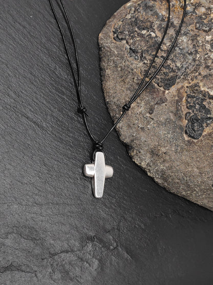 Cross Pendant Necklace, Stainless steel Cross Charms Necklace, Mens Pendant, Adjustable Leather Black Cord Necklace, Gift for him, Religious
