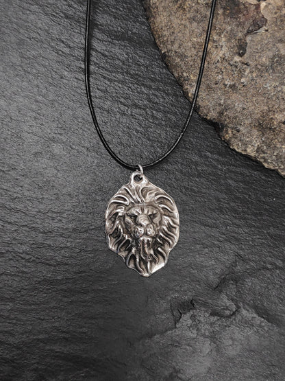 Lion head Pendant Necklace, Stainless Steal Lion Charms Necklace, Men's Pendant, Adjustable Black Cord Leather Necklace, Gift for Man