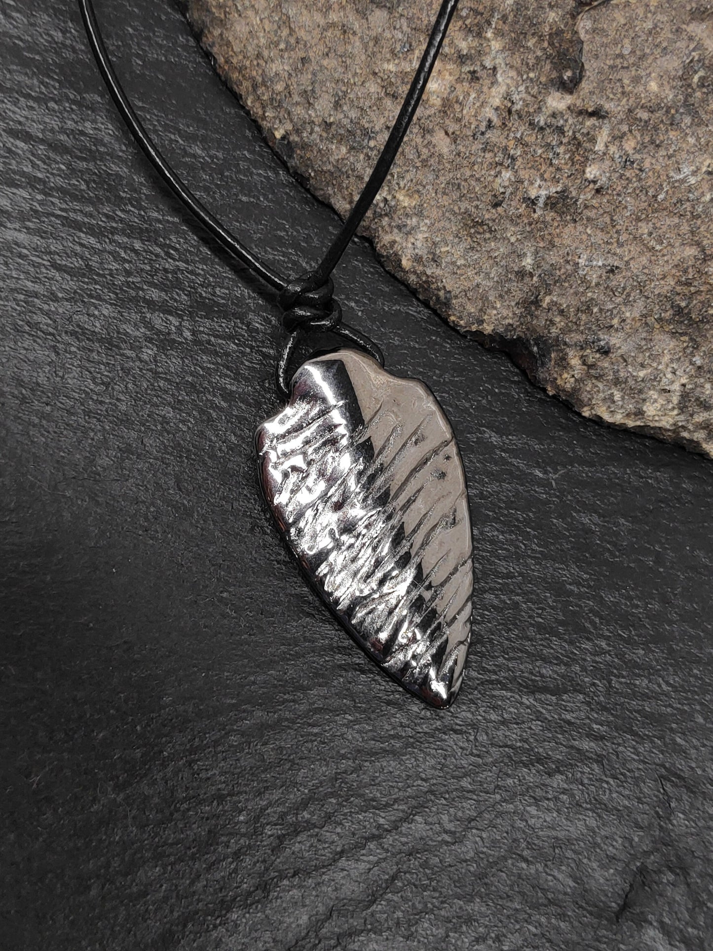 Gunmetal Arrowhead Pendant Necklace, stainless steel, adjustable leather cord, casual,rustic, handmade, gift for him, unique accessories