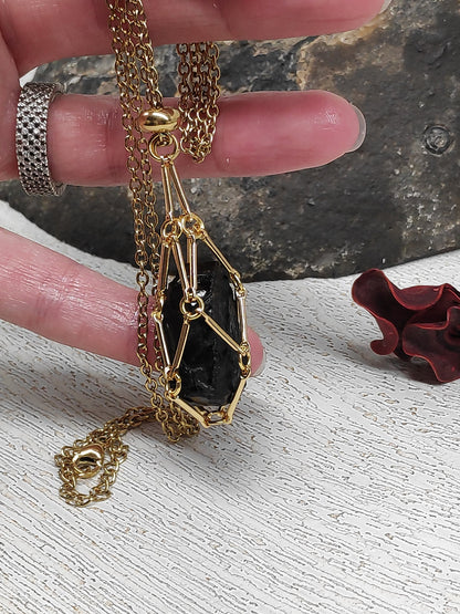 Natural Raw Tourmaline Necklace, Crystal Cage, Crystal Holder Pendant Necklace, Rough Black Tourmaline Necklace, Healing Protection Jewelry
