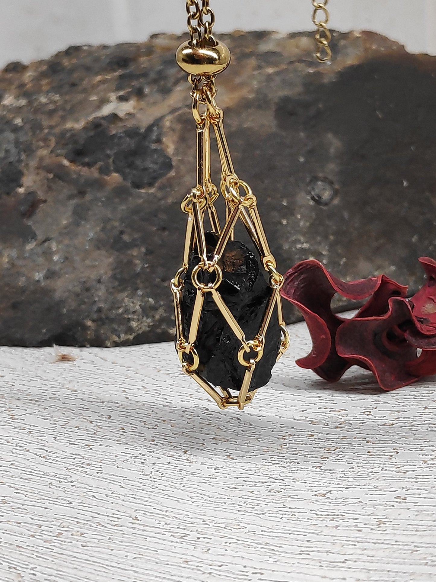 Natural Raw Tourmaline Necklace, Crystal Cage, Crystal Holder Pendant Necklace, Rough Black Tourmaline Necklace, Healing Protection Jewelry